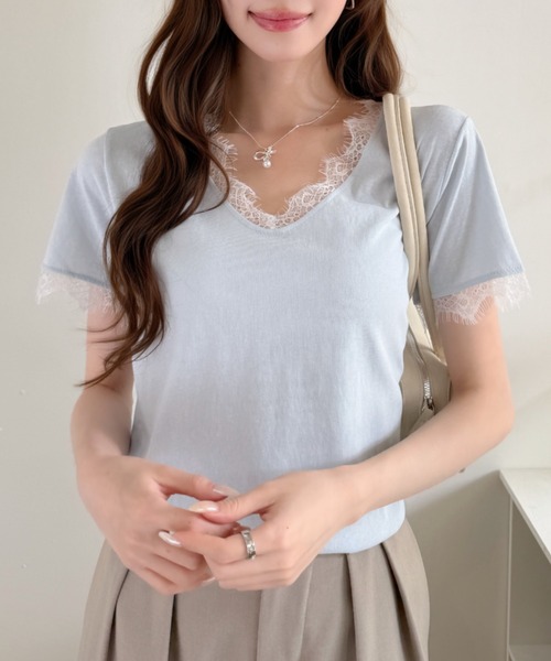 Ada.(エイダ)の「袖レース Vネック カットソー プルオーバー(Tシャツ/カットソー・レディース・イエロー/ブルー/ブラック/ホワイト・FREE)」の17枚目の写真