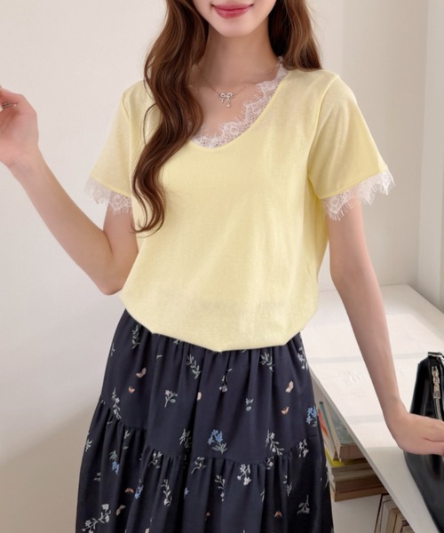 Ada.(エイダ)の「袖レース Vネック カットソー プルオーバー(Tシャツ/カットソー・レディース・イエロー/ブルー/ブラック/ホワイト・FREE)」の19枚目の写真