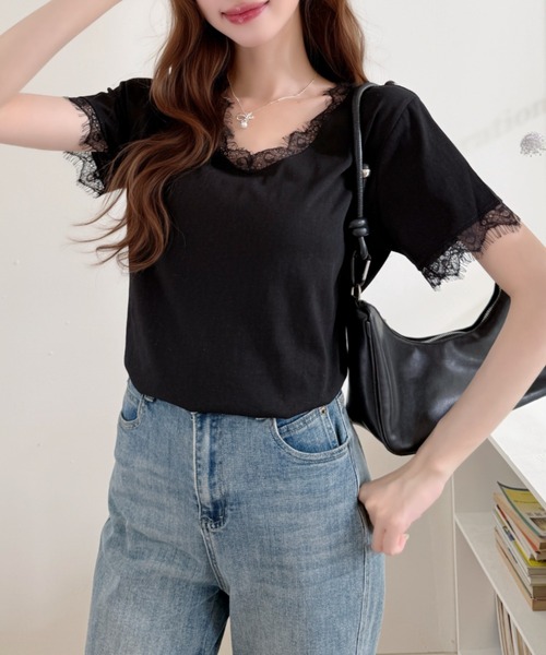 Ada.(エイダ)の「袖レース Vネック カットソー プルオーバー(Tシャツ/カットソー・レディース・イエロー/ブルー/ブラック/ホワイト・FREE)」の11枚目の写真