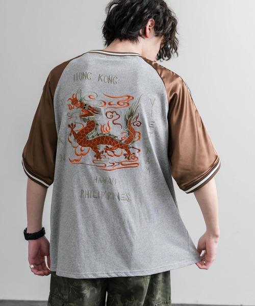 Rocky Monroe(ロッキーモンロー)の「KRIFF MAYER クリフメイヤー スーベニア龍刺繍スカジャンTシャツ/リブラインラグランカットソー 2547202(Tシャツ/カットソー・メンズ・チャコール/グレー/オフホワイト・XL/M/L)」の1枚目の写真