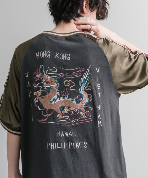 Rocky Monroe(ロッキーモンロー)の「KRIFF MAYER クリフメイヤー スーベニア龍刺繍スカジャンTシャツ/リブラインラグランカットソー 2547202(Tシャツ/カットソー・メンズ・チャコール/グレー/オフホワイト・XL/M/L)」の3枚目の写真