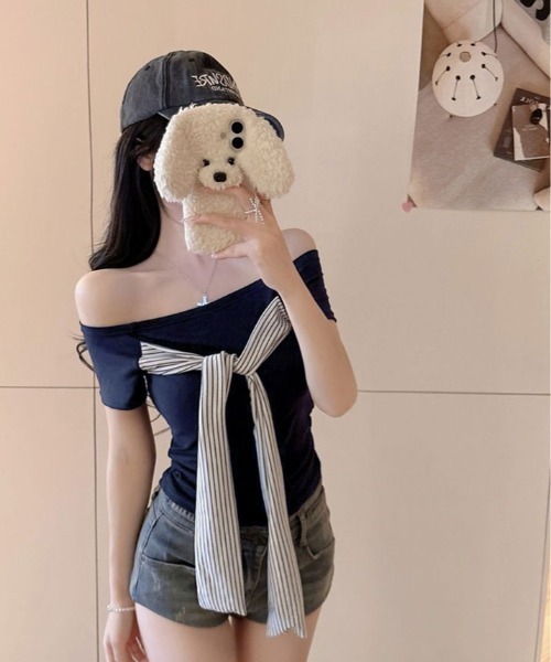kirakiraShop(キラキラショップ)の「カップ付き フロント リボン マルチWay トップス(Tシャツ/カットソー・レディース・ブラック/ネイビー/レッド/ホワイト・FREE)」の16枚目の写真