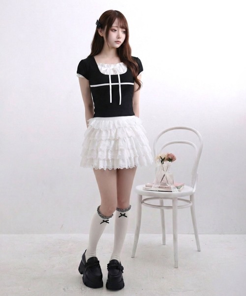 DearMyLoveRose（ディアマイラブローズ）の「ヨークレースレイヤード風トップス（Tシャツ/カットソー・レディース・ブラック・LL/LARGE/MEDIUM）」の2枚目の写真