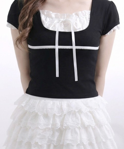 DearMyLoveRose（ディアマイラブローズ）の「ヨークレースレイヤード風トップス（Tシャツ/カットソー・レディース・ブラック・LL/LARGE/MEDIUM）」の5枚目の写真