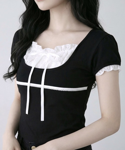 DearMyLoveRose（ディアマイラブローズ）の「ヨークレースレイヤード風トップス（Tシャツ/カットソー・レディース・ブラック・LL/LARGE/MEDIUM）」の7枚目の写真