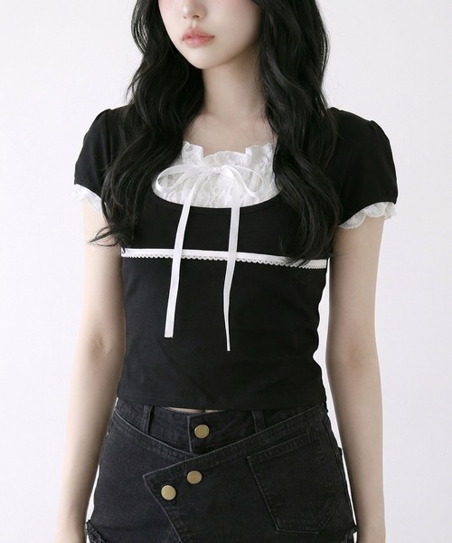 DearMyLoveRose（ディアマイラブローズ）の「ヨークレースレイヤード風トップス（Tシャツ/カットソー・レディース・ブラック・LL/LARGE/MEDIUM）」の8枚目の写真
