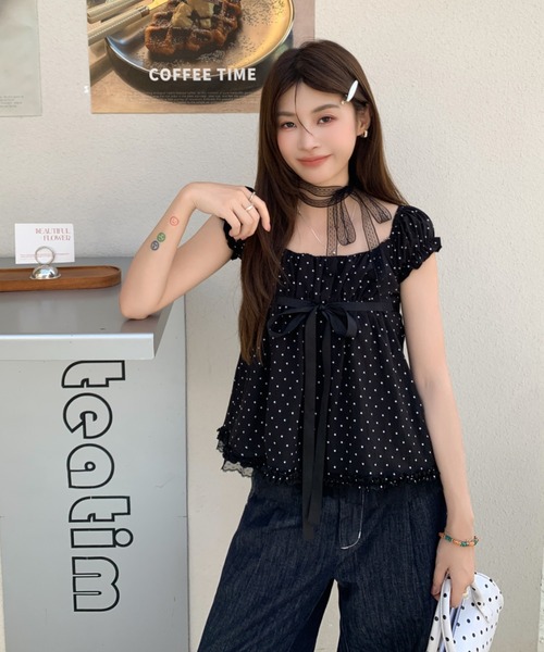 at12:03(アットイチニーゼロサン)の「2WAY レースチョーカー付き ギャザー オフショル ドット リボン ブラウス(シャツ/ブラウス・レディース・ホワイト/ブラック・FREE)」の20枚目の写真