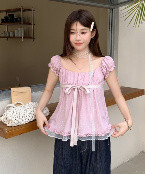 at12:03(アットイチニーゼロサン)の「2WAY レースチョーカー付き ギャザー オフショル ドット リボン ブラウス(シャツ/ブラウス・レディース・ホワイト/ブラック・FREE)」の4枚目の写真