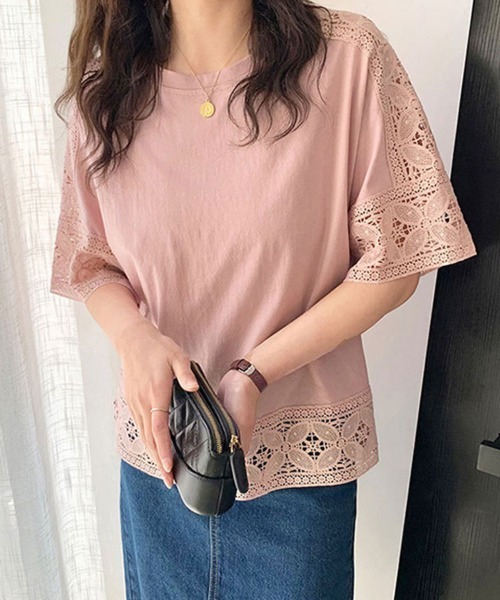 mielu(ミエル)の「レーススリーブTシャツ(Tシャツ/カットソー・レディース・ホワイト/ピンク/ブラック・FREE)」の2枚目の写真