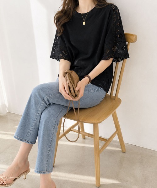 mielu(ミエル)の「レーススリーブTシャツ(Tシャツ/カットソー・レディース・ホワイト/ピンク/ブラック・FREE)」の8枚目の写真