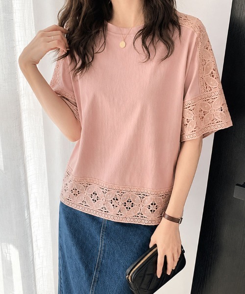 mielu(ミエル)の「レーススリーブTシャツ(Tシャツ/カットソー・レディース・ホワイト/ピンク/ブラック・FREE)」の12枚目の写真