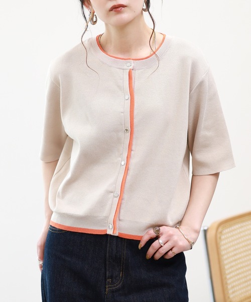 atONE(アットワン)の「レイヤード風半袖カーディガン 半袖(カーディガン/ボレロ・レディース・ネイビー系/イエロー系その他2/ベージュ系7/グレー系7・F)」の3枚目の写真