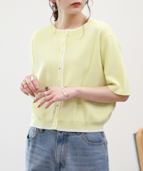 atONE(アットワン)の「レイヤード風半袖カーディガン 半袖(カーディガン/ボレロ・レディース・ネイビー系/イエロー系その他2/ベージュ系7/グレー系7・F)」の2枚目の写真