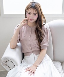 CLEAR BASIC | ビジュー5分袖ニットカーディガン［骨格ウェーブ／フェミニン／ガーリー／大人可愛い／上品］(カーディガン/ボレロ)