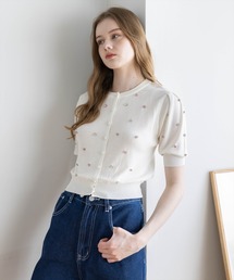 CLEAR BASIC | ビジュー5分袖ニットカーディガン［骨格ウェーブ／フェミニン／ガーリー／大人可愛い／上品］(カーディガン/ボレロ)
