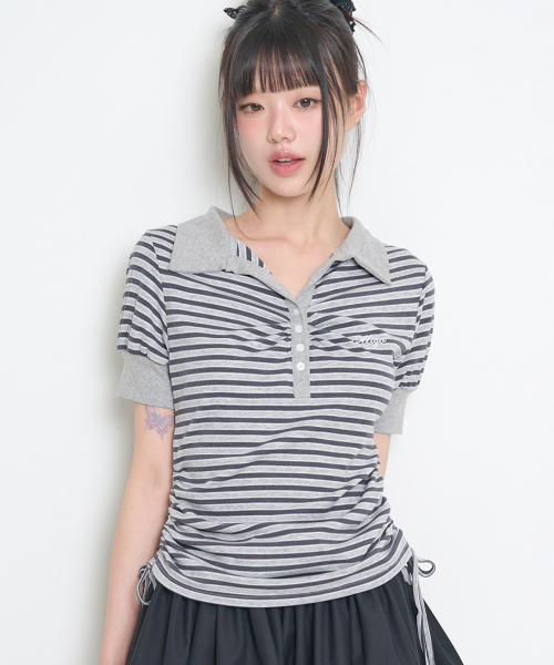 ILLIGO(イリゴ)の「ストライプシャーリングカラーTシャツチャコール(Tシャツ/カットソー・レディース・その他・OS)」の1枚目の写真