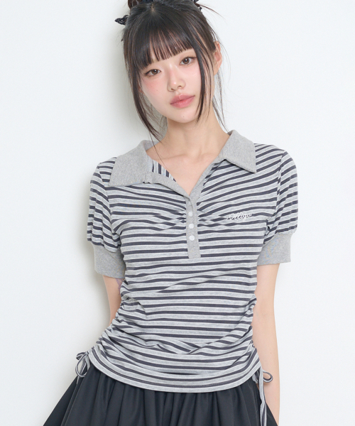 ILLIGO(イリゴ)の「ストライプシャーリングカラーTシャツチャコール(Tシャツ/カットソー・レディース・その他・OS)」の2枚目の写真