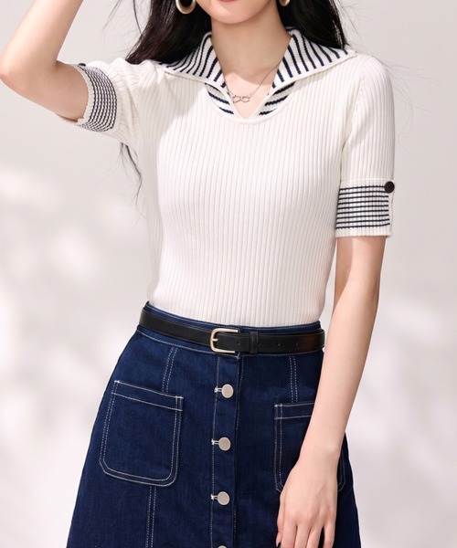 LUCPY(ラクピー)の「配色ボーダーカラーニットトップス(その他トップス・レディース・ホワイト・X-LARGE/LARGE/MEDIUM/SMALL)」の4枚目の写真