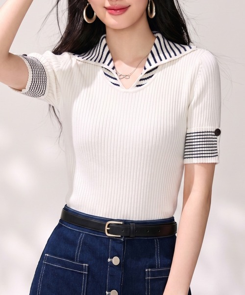 LUCPY(ラクピー)の「配色ボーダーカラーニットトップス(その他トップス・レディース・ホワイト・X-LARGE/LARGE/MEDIUM/SMALL)」の2枚目の写真