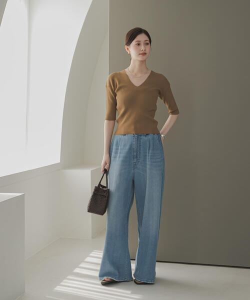 URBAN RESEARCH（アーバンリサーチ）の「Vネックハーフスリーブリブニット（ニット/セーター・レディース・ネイビー/ベージュ系その他/アイボリー・FREE）」の17枚目の写真