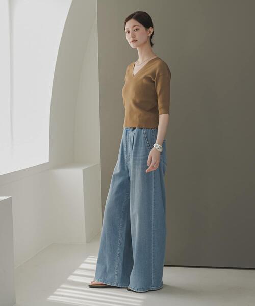 URBAN RESEARCH（アーバンリサーチ）の「Vネックハーフスリーブリブニット（ニット/セーター・レディース・ネイビー/ベージュ系その他/アイボリー・FREE）」の18枚目の写真