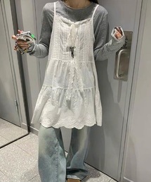 【2 デザイン展開】レース透かし刺繍ティアードキャミチュニック 重ね着用 A ラインミニスリップ レディース韓国デイリーレイヤードトップス