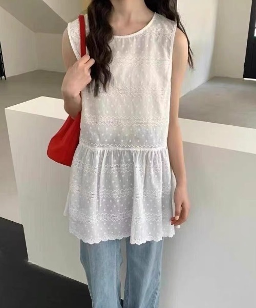 SHERU(シェル)の「【2 デザイン展開】レース透かし刺繍ティアードキャミチュニック 重ね着用 A ラインミニスリップ レディース韓国デイリーレイヤードトップス(チュニック・レディース・ホワイト/ホワイト系その他・F)」の15枚目の写真