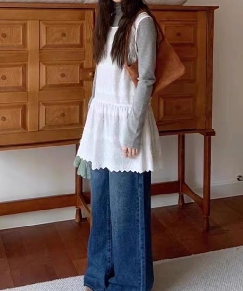 SHERU(シェル)の「【2 デザイン展開】レース透かし刺繍ティアードキャミチュニック 重ね着用 A ラインミニスリップ レディース韓国デイリーレイヤードトップス(チュニック・レディース・ホワイト/ホワイト系その他・F)」の12枚目の写真