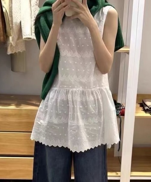 SHERU(シェル)の「【2 デザイン展開】レース透かし刺繍ティアードキャミチュニック 重ね着用 A ラインミニスリップ レディース韓国デイリーレイヤードトップス(チュニック・レディース・ホワイト/ホワイト系その他・F)」の13枚目の写真