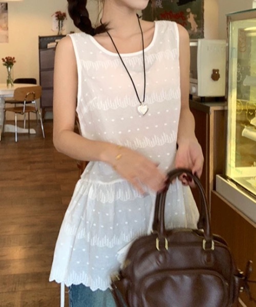 SHERU(シェル)の「【2 デザイン展開】レース透かし刺繍ティアードキャミチュニック 重ね着用 A ラインミニスリップ レディース韓国デイリーレイヤードトップス(チュニック・レディース・ホワイト/ホワイト系その他・F)」の19枚目の写真