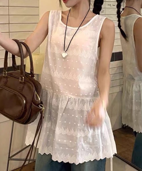 SHERU(シェル)の「【2 デザイン展開】レース透かし刺繍ティアードキャミチュニック 重ね着用 A ラインミニスリップ レディース韓国デイリーレイヤードトップス(チュニック・レディース・ホワイト/ホワイト系その他・F)」の10枚目の写真