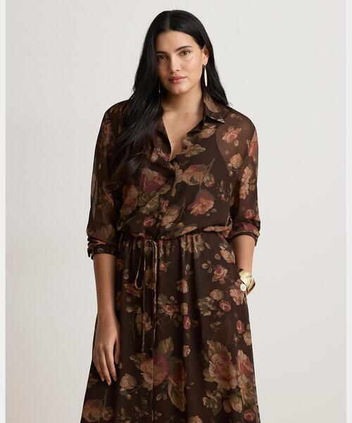 LAUREN RALPH LAUREN(ローレン ラルフ ローレン)の「フローラル シフォン シャツドレス(シャツワンピース・レディース・ブラウン・00/10/8/6/4/0/2)」の4枚目の写真