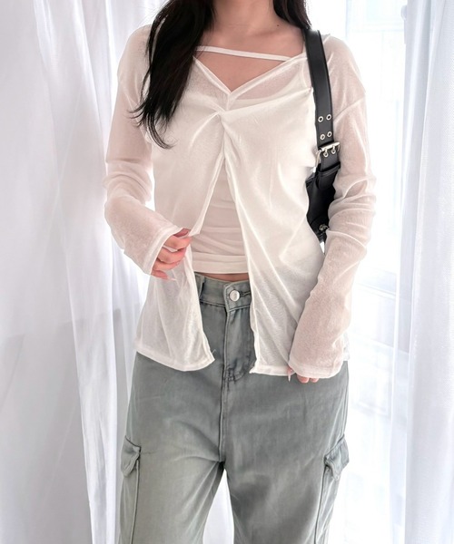 merrylatte(メリーラテ)の「2WAY ツイスト シアーカーディガン UVカット 薄手 長袖 トップス(カーディガン/ボレロ・レディース・ホワイト/ブラック・FREE)」の6枚目の写真