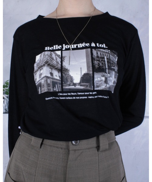 amini（アミニ）の「シアーフライスPTカットソー（Tシャツ/カットソー・レディース・オフホワイト/ブラック・MEDIUM）」の2枚目の写真