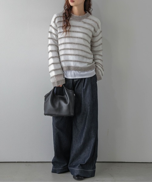 AMELY(エミリー)の「ニュアンスボーダー/シアーニットプルオーバー/透け感/レイヤード(ニット/セーター・レディース・グレー/グレイッシュベージュ/ブラック・フリー)」の16枚目の写真