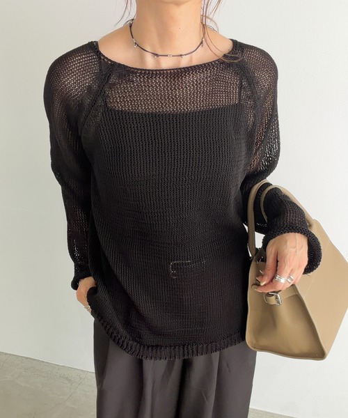 ISOOK（アイスー）の「ラウンドネックメッシュオーバーサイズニット(chiica select) / メッシュニット 長袖 シアー 透かし編み ローゲージ プルオーバー（ニット/セーター・レディース・ホワイト/ブラック・FREE）」の2枚目の写真