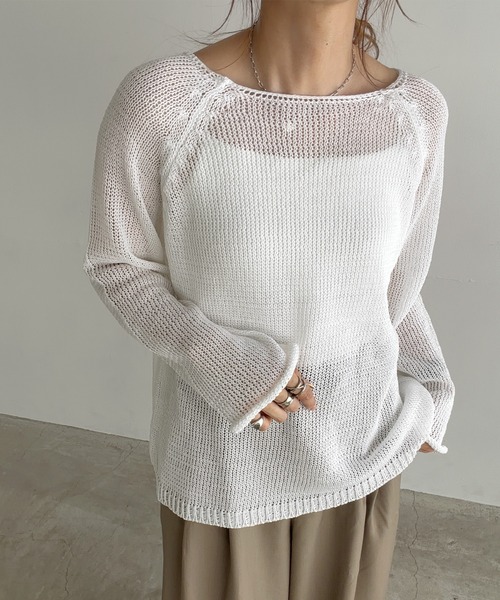 ISOOK（アイスー）の「ラウンドネックメッシュオーバーサイズニット(chiica select) / メッシュニット 長袖 シアー 透かし編み ローゲージ プルオーバー（ニット/セーター・レディース・ホワイト/ブラック・FREE）」の12枚目の写真