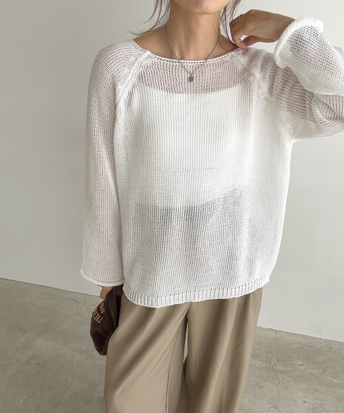 ISOOK（アイスー）の「ラウンドネックメッシュオーバーサイズニット(chiica select) / メッシュニット 長袖 シアー 透かし編み ローゲージ プルオーバー（ニット/セーター・レディース・ホワイト/ブラック・FREE）」の13枚目の写真