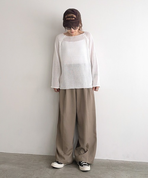 ISOOK（アイスー）の「ラウンドネックメッシュオーバーサイズニット(chiica select) / メッシュニット 長袖 シアー 透かし編み ローゲージ プルオーバー（ニット/セーター・レディース・ホワイト/ブラック・FREE）」の14枚目の写真