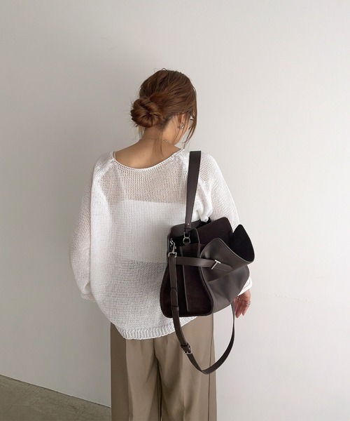 ISOOK（アイスー）の「ラウンドネックメッシュオーバーサイズニット(chiica select) / メッシュニット 長袖 シアー 透かし編み ローゲージ プルオーバー（ニット/セーター・レディース・ホワイト/ブラック・FREE）」の15枚目の写真