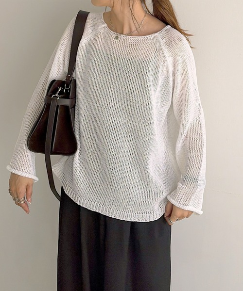 ISOOK（アイスー）の「ラウンドネックメッシュオーバーサイズニット(chiica select) / メッシュニット 長袖 シアー 透かし編み ローゲージ プルオーバー（ニット/セーター・レディース・ホワイト/ブラック・FREE）」の16枚目の写真