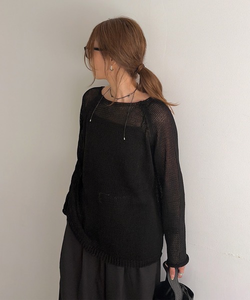 ISOOK（アイスー）の「ラウンドネックメッシュオーバーサイズニット(chiica select) / メッシュニット 長袖 シアー 透かし編み ローゲージ プルオーバー（ニット/セーター・レディース・ホワイト/ブラック・FREE）」の18枚目の写真