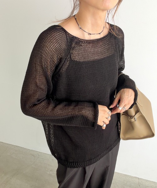 ISOOK（アイスー）の「ラウンドネックメッシュオーバーサイズニット(chiica select) / メッシュニット 長袖 シアー 透かし編み ローゲージ プルオーバー（ニット/セーター・レディース・ホワイト/ブラック・FREE）」の19枚目の写真