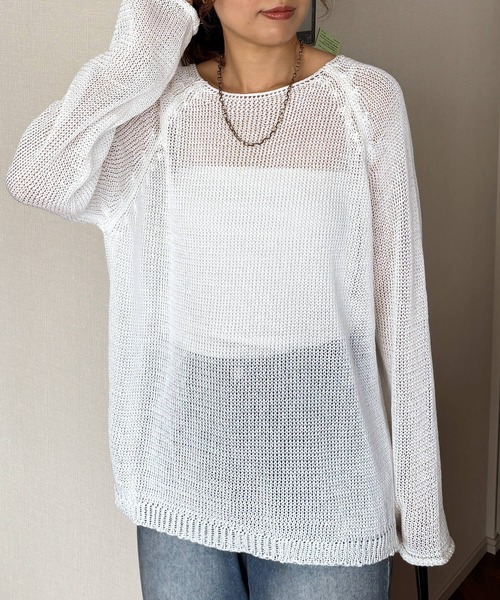 ISOOK（アイスー）の「ラウンドネックメッシュオーバーサイズニット(chiica select) / メッシュニット 長袖 シアー 透かし編み ローゲージ プルオーバー（ニット/セーター・レディース・ホワイト/ブラック・FREE）」の5枚目の写真