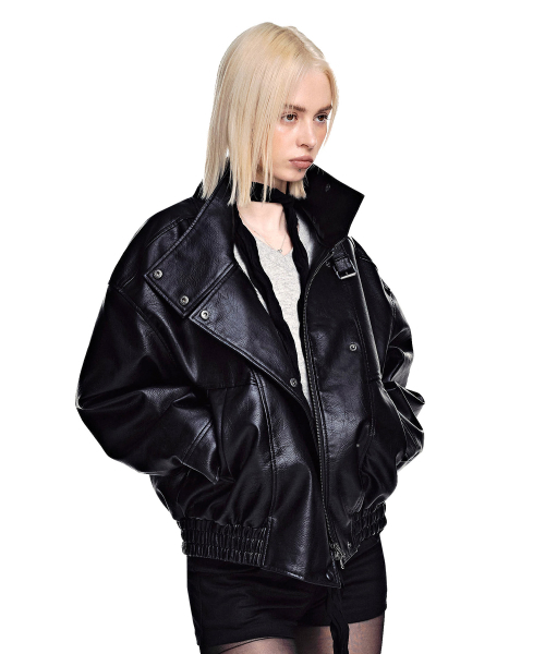 SECONDMONO（セカンドモノローグ）の「ハイネックレザーブルゾン [ブラック]_SEWJK007BLACK（ライダースジャケット・レディース・その他・F）」の2枚目の写真