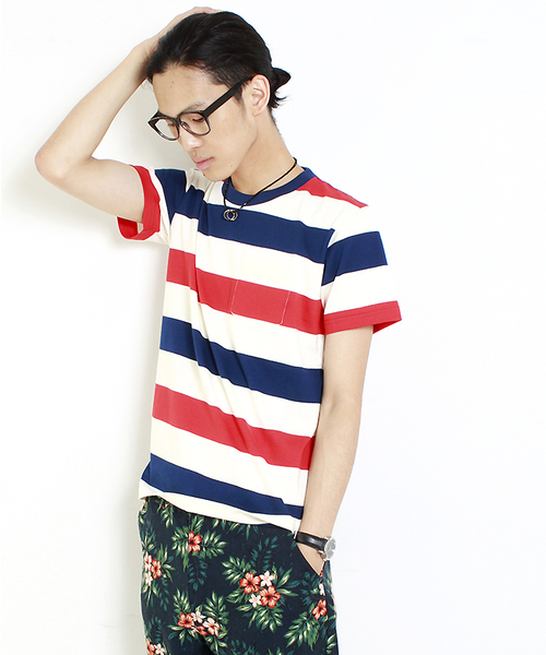 WEGO（ウィゴー）の「WEGO/ワイドボーダーTシャツ（Tシャツ/カットソー・メンズ・グリーン/トリコロール/ブルー/ブラック/ターコイズブルー・LARGE/MEDIUM）」の14枚目の写真