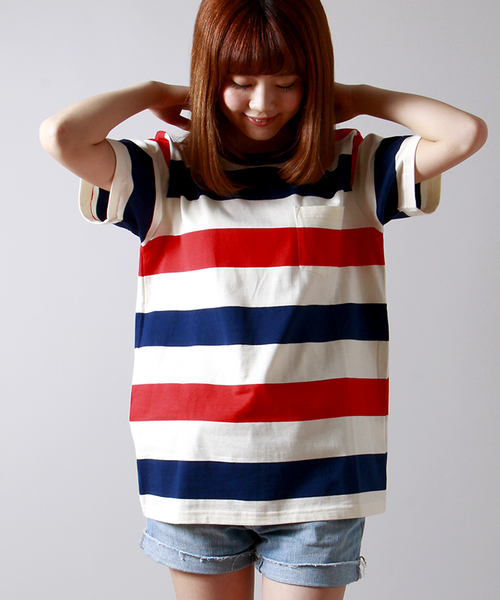 WEGO（ウィゴー）の「WEGO/ワイドボーダーTシャツ（Tシャツ/カットソー・メンズ・グリーン/トリコロール/ブルー/ブラック/ターコイズブルー・LARGE/MEDIUM）」の17枚目の写真