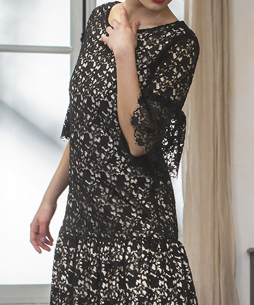 二次会 成人式 同窓会 謝恩会 お呼ばれ対応フォーマルパーティードレス ドレス Girl ガール のファッション ドレス リーフ柄レースベルスリーブフレア結婚式ワンピース ワンピース セール