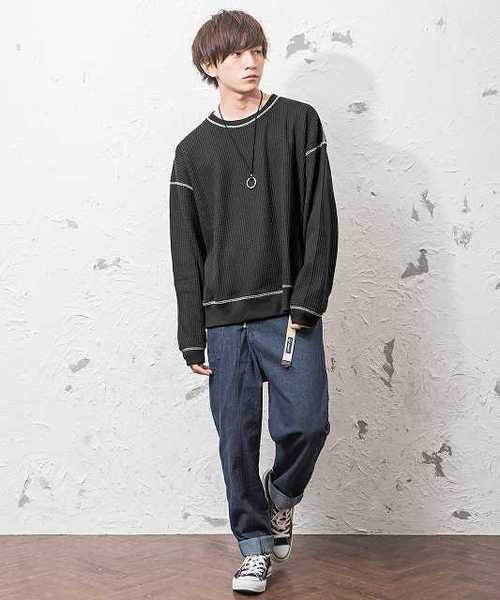 MinoriTY（マイノリティ）の「配色ステッチビッグトレーナー ビッグシルエット（スウェット・メンズ・ブラック/オフホワイト/カーキ・M/L）」の5枚目の写真