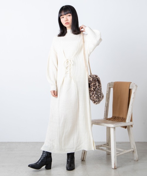 超目玉 のwego ニットウエストレースアップロングワンピース ワンピース Wego ウィゴー のファッション セール